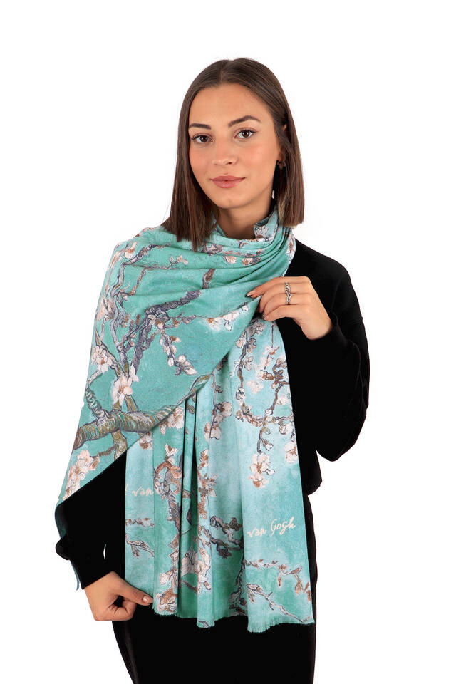Mint Badem Çiçeği Desen Kışlık Şal - 2