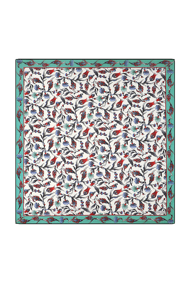 Mint Carnation Tulip Pattern Soft Square Scarf - Bursa İpek