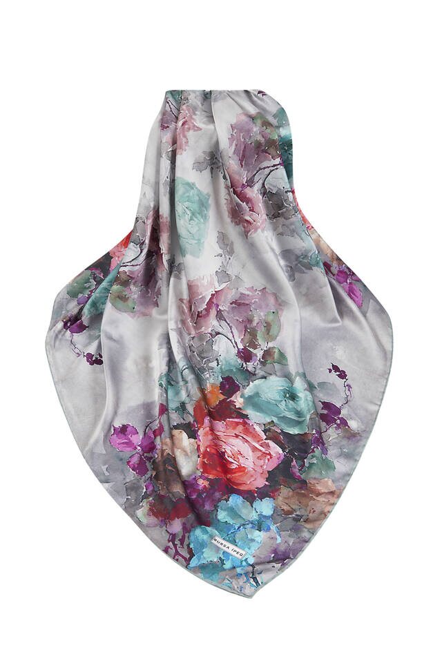 Mint Çiçek Desen İpeksi Eşarp - 3