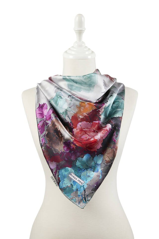 Mint Floral Pattern Silky Square Scarf - 2
