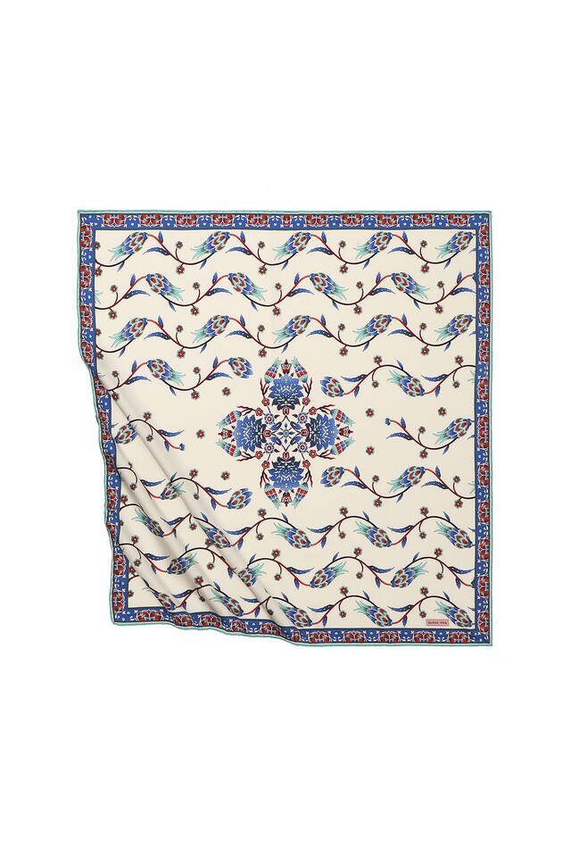 Mint Line Tulip Pattern Silky Square Scarf 