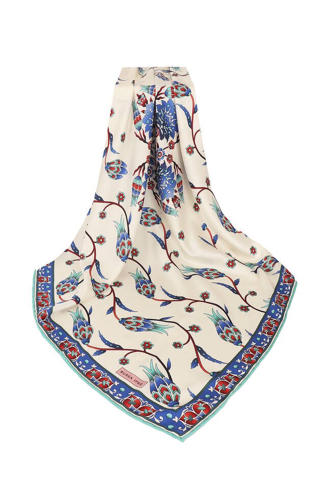 Mint Line Tulip Pattern Silky Square Scarf - 3