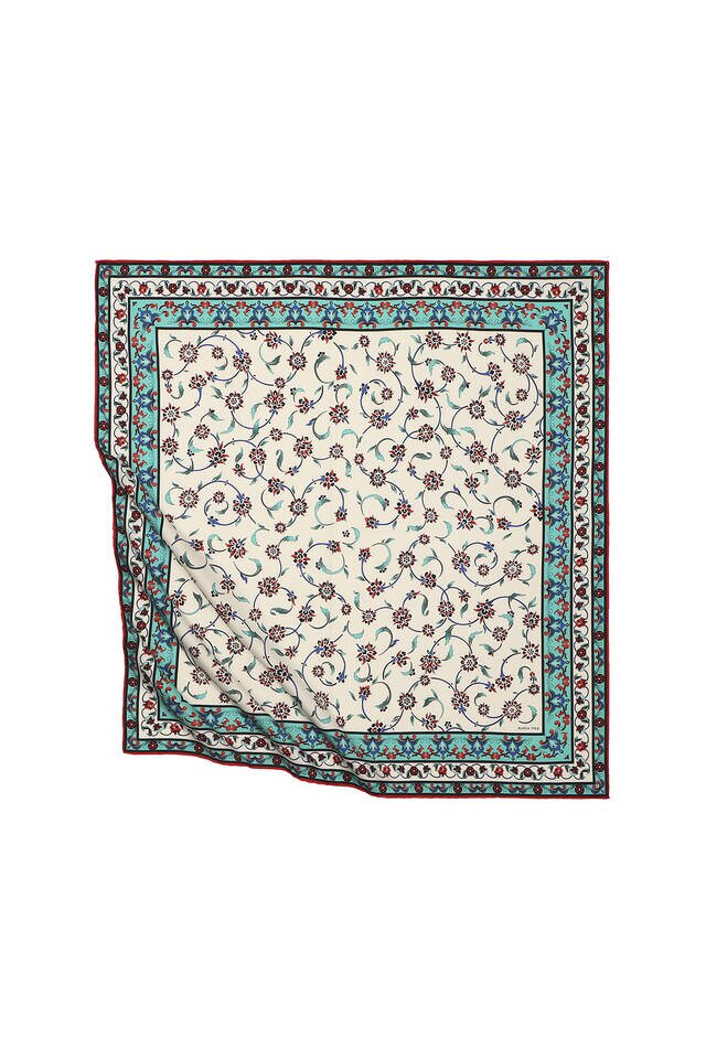 Mint Wildflower Pattern Silky Square Scarf 