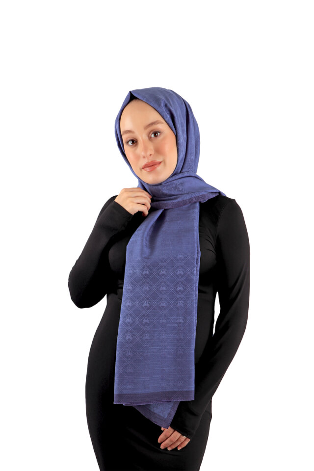 شال قطن حريري بنمط مونوغرام نيلي - Bursa İpek