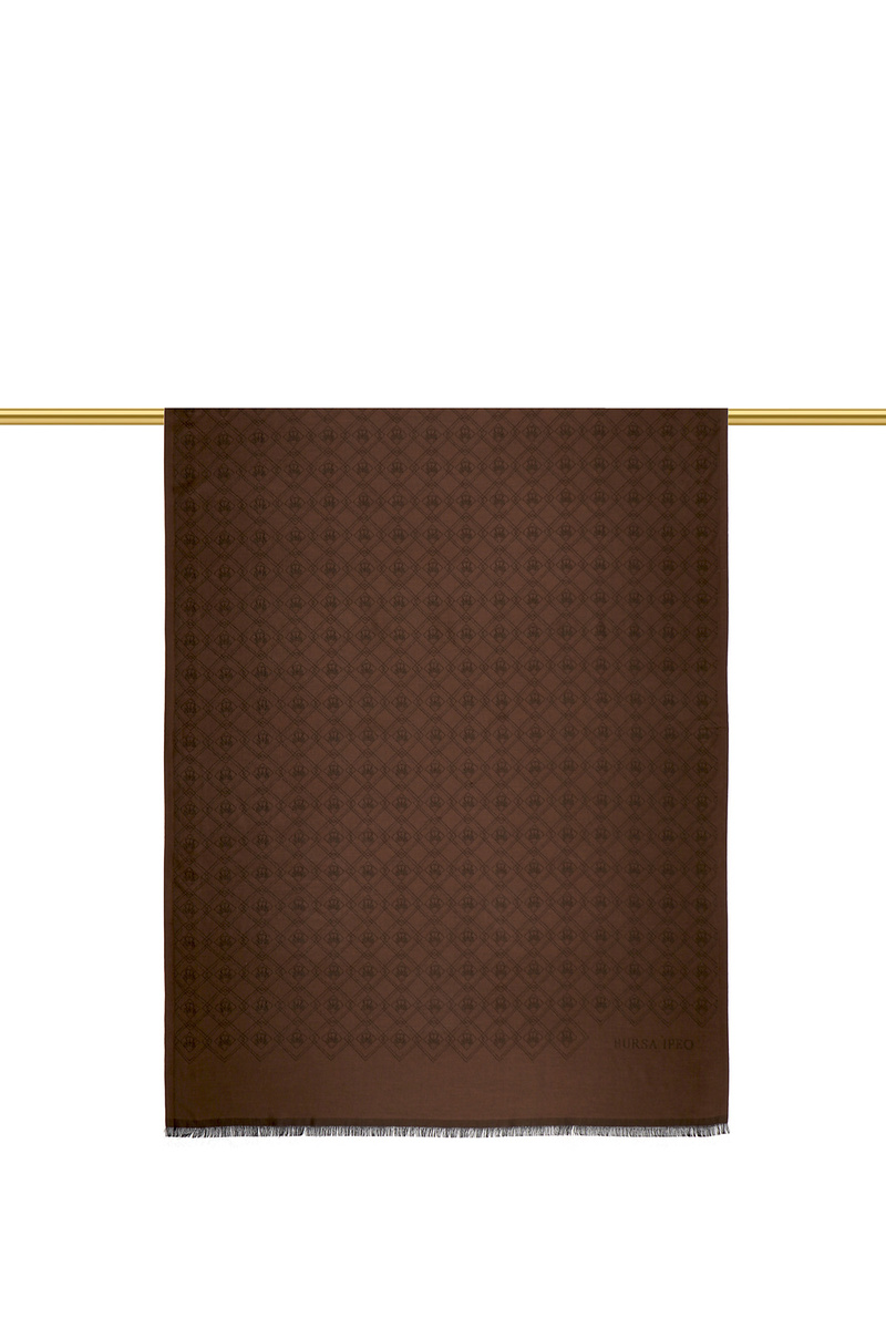 Acı Kahve Monogram Desen Jakarlı İpek Şal - 2