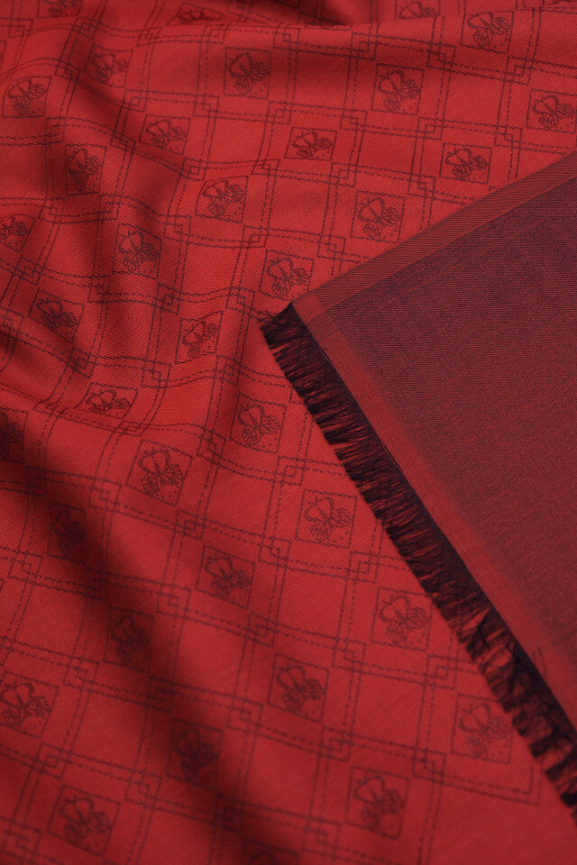 Bordo Monogram Desen Jakarlı İpek Şal - 3