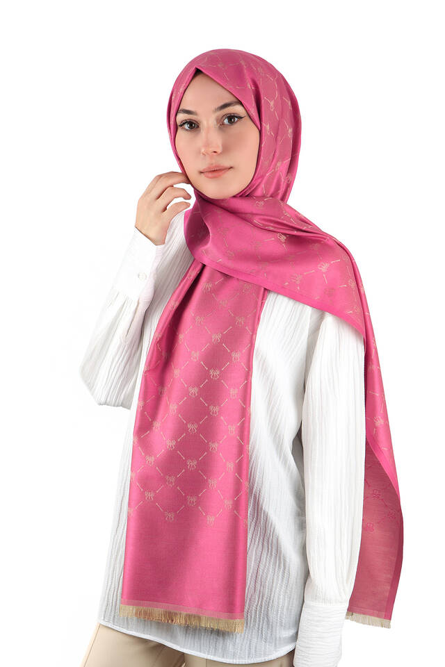 Fuşya Monogram Desen Jakarlı İpek Şal - 2