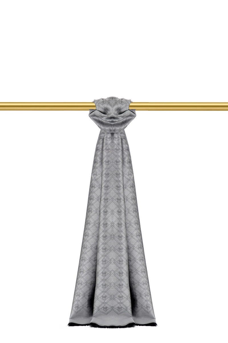 Gri Monogram Desen Jakarlı İpek Şal - Bursa İpek