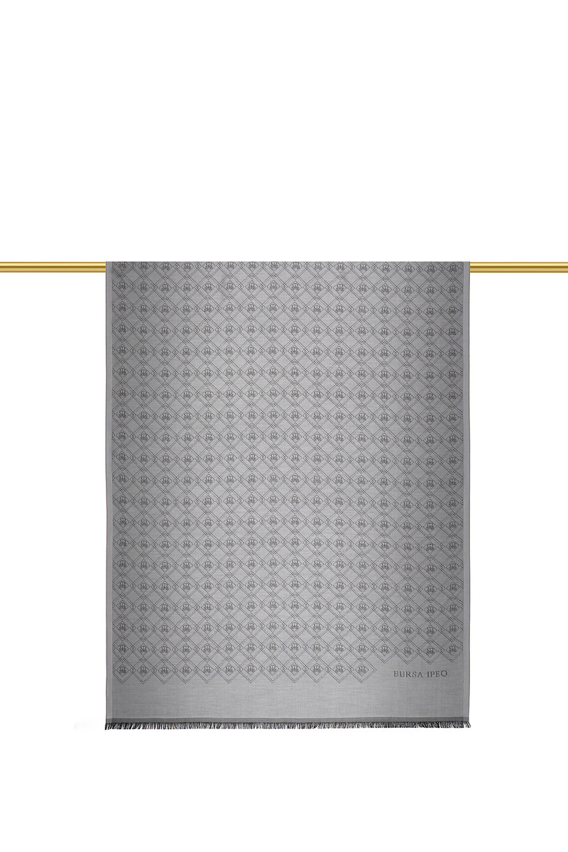 Gri Monogram Desen Jakarlı İpek Şal - 2