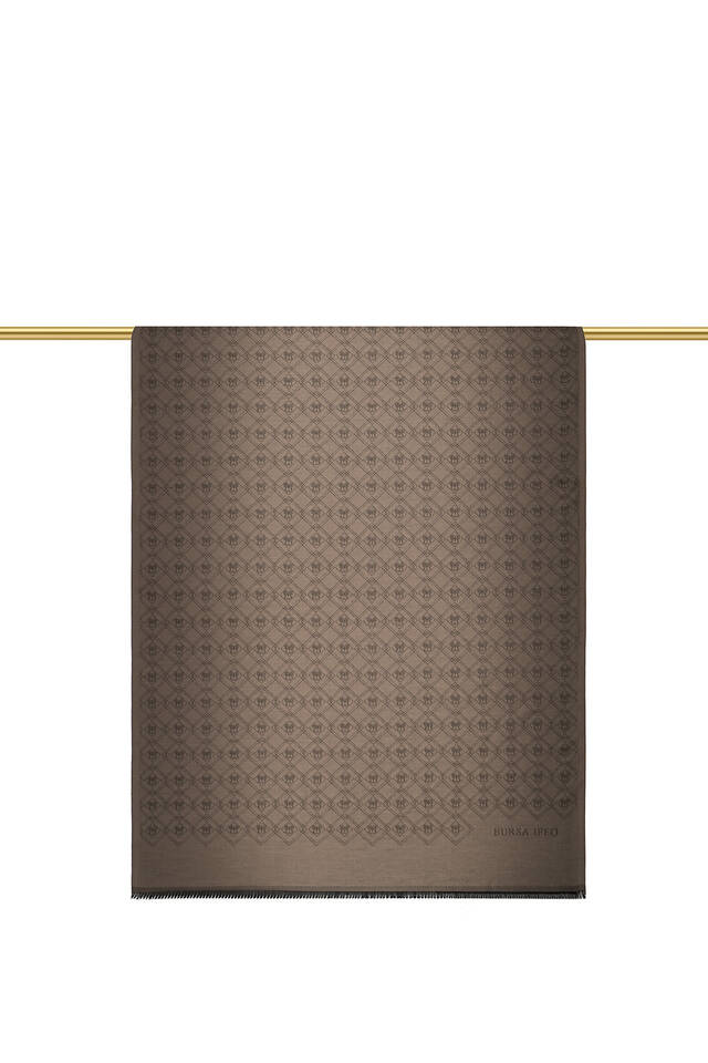 Kahverengi Monogram Desen Jakarlı İpek Şal - 2