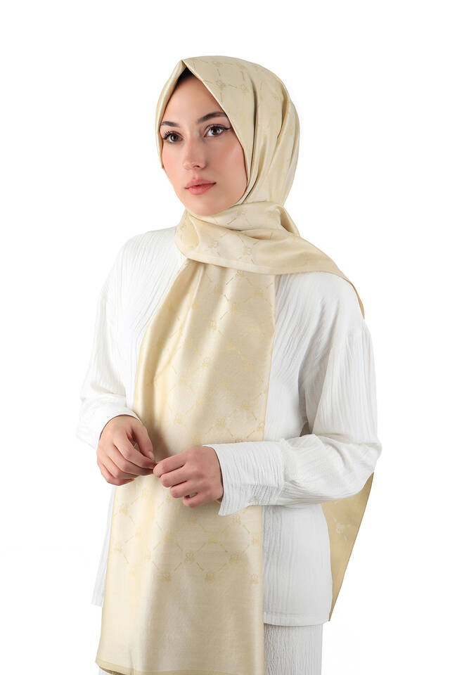 Krem Monogram Desen Jakarlı İpek Şal - 2