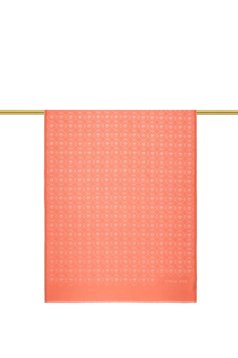 Mercan Monogram Desen Jakarlı İpek Şal - 2