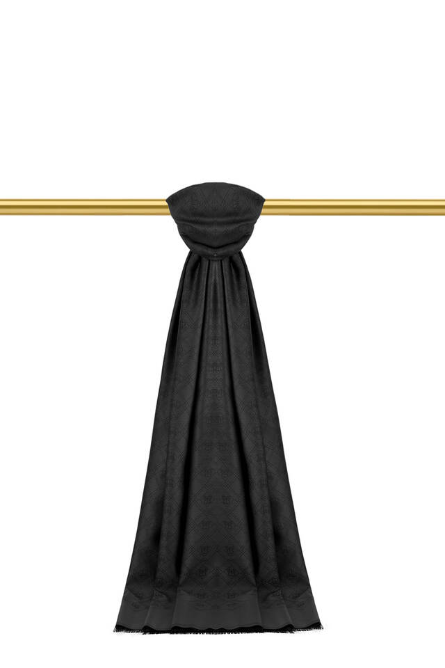 Siyah Monogram Desen Jakarlı İpek Şal - Bursa İpek