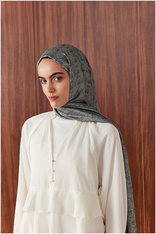 Gray Monogram Pattern Jacquard Silk Shawl - Bursa İpek