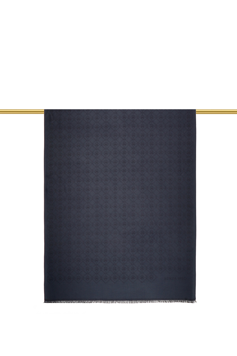 Navy Blue Monogram Pattern Jacquard Silk Shawl - 2