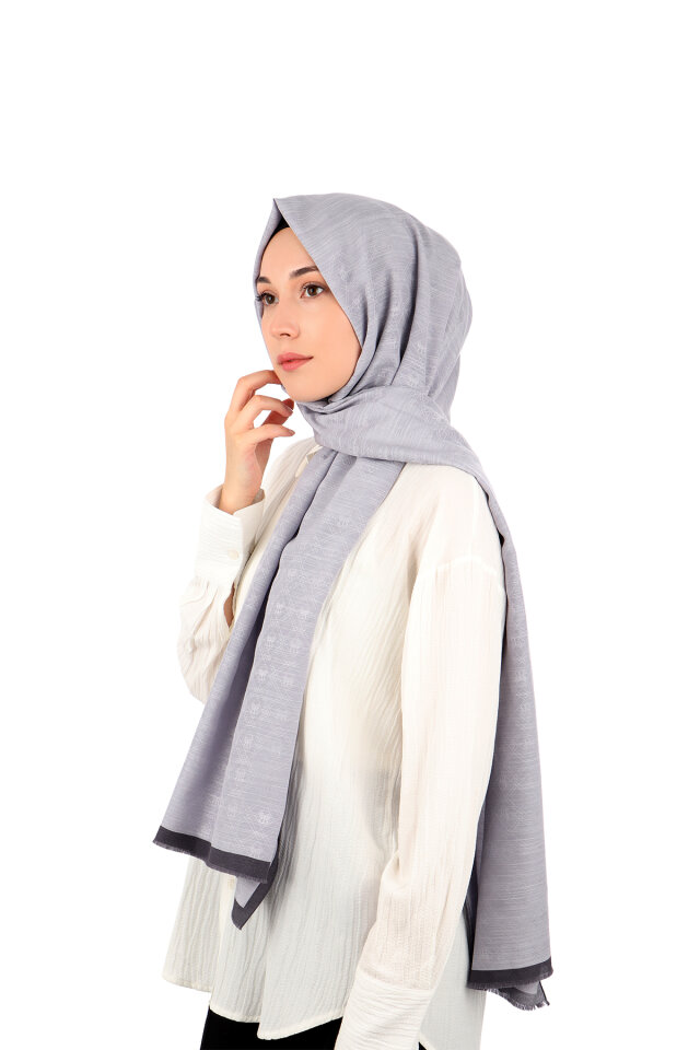 Gray Monogram Pattern Silk Cotton Shawl - 1