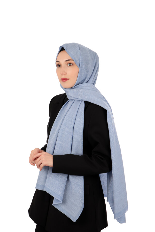 Ice Blue Monogram Pattern Silk Cotton Shawl - 1