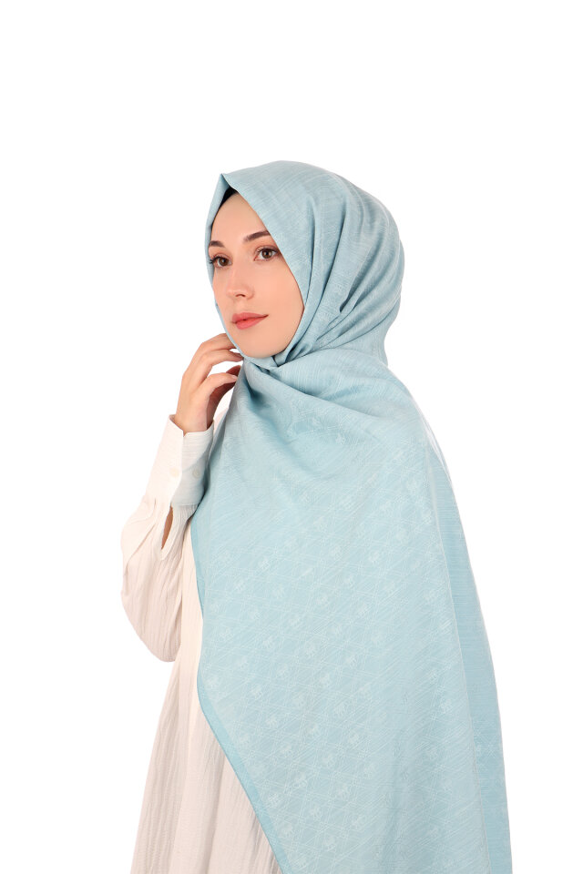 Blue Monogram Pattern Silk Cotton Shawl - Bursa İpek