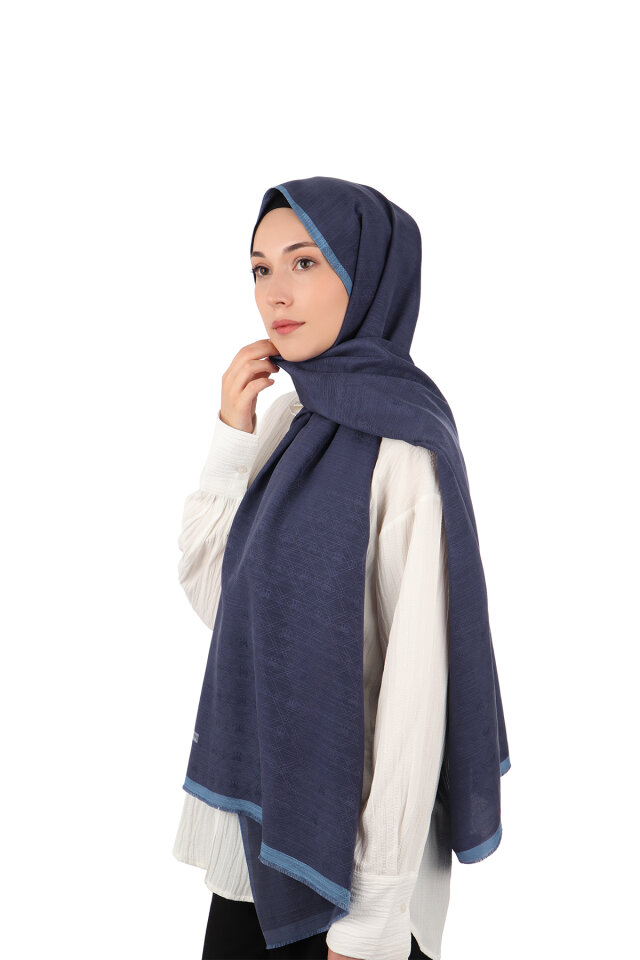Dark Navy Monogram Pattern Silk Cotton Shawl - Bursa İpek