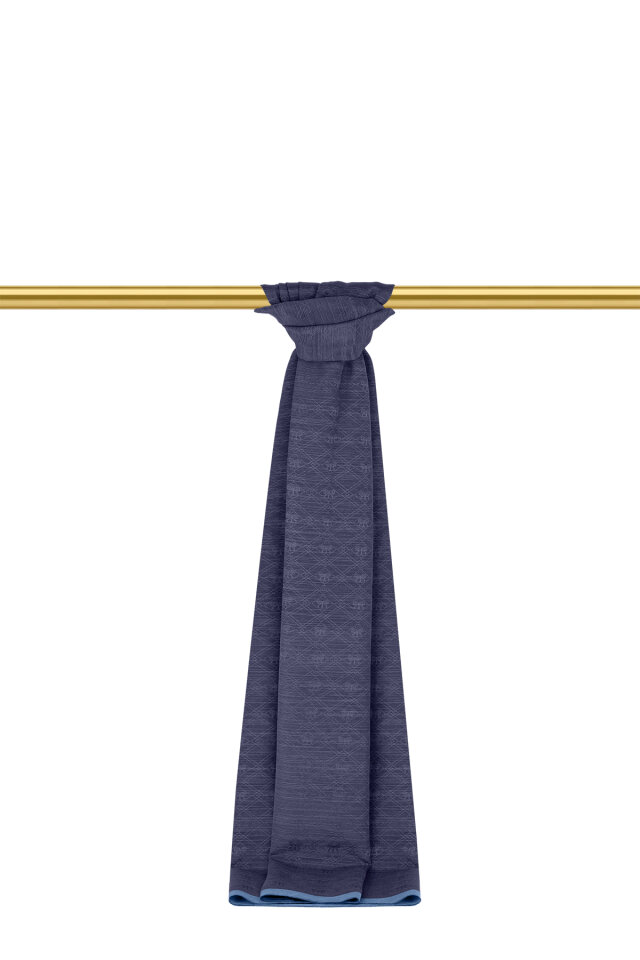 Dark Navy Monogram Pattern Silk Cotton Shawl - 2