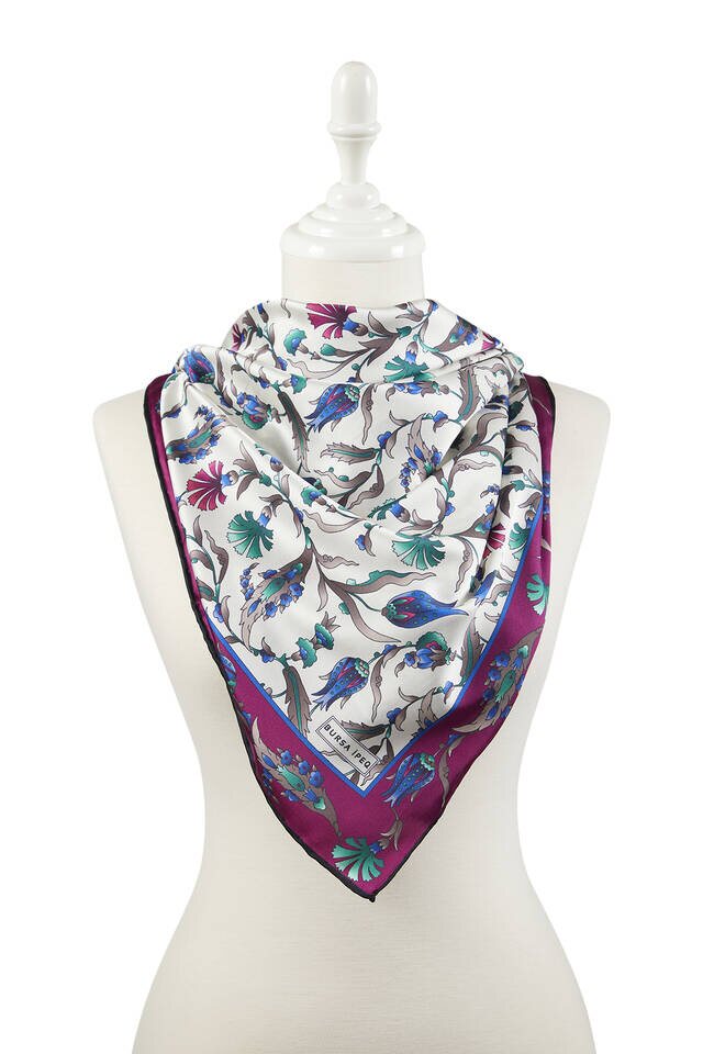 Mor Mint Türk Motifli Karanfil Lale Desen İpeksi Eşarp - 2