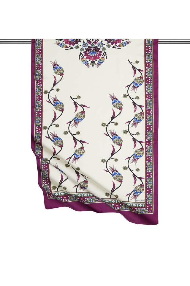 Mor Sıra Lale Desen Geniş İpeksi Fular 