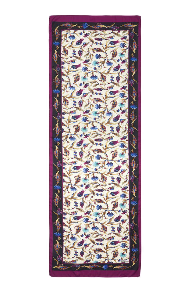 Mor Siyah Karanfil Lale Desen Geniş İpeksi Fular - 4