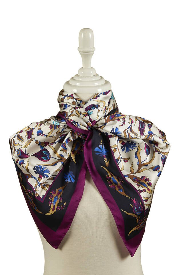 Mor Siyah Karanfil Lale Desen Geniş İpeksi Fular - 2