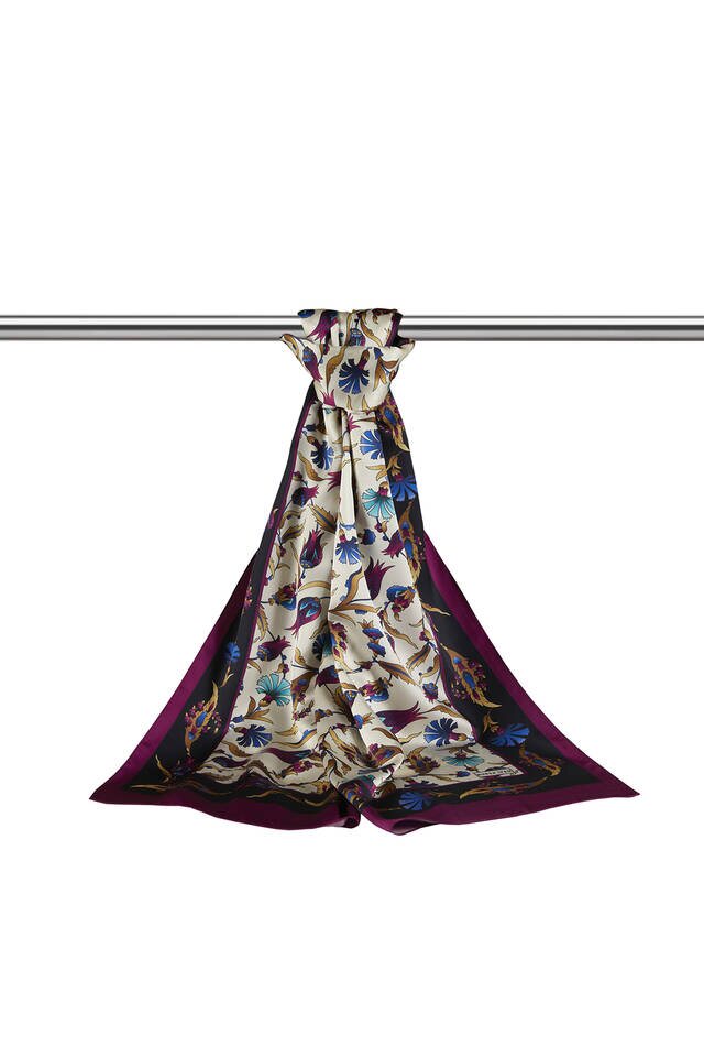 Mor Siyah Karanfil Lale Desen Geniş İpeksi Fular - 3