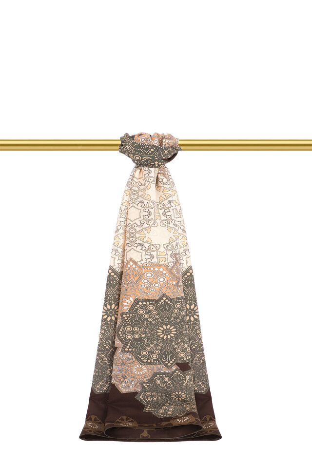 Acı Kahve Müsenna Desen Krep İpek Şal - Bursa İpek