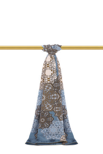 İndigo Müsenna Desen Krep İpek Şal 