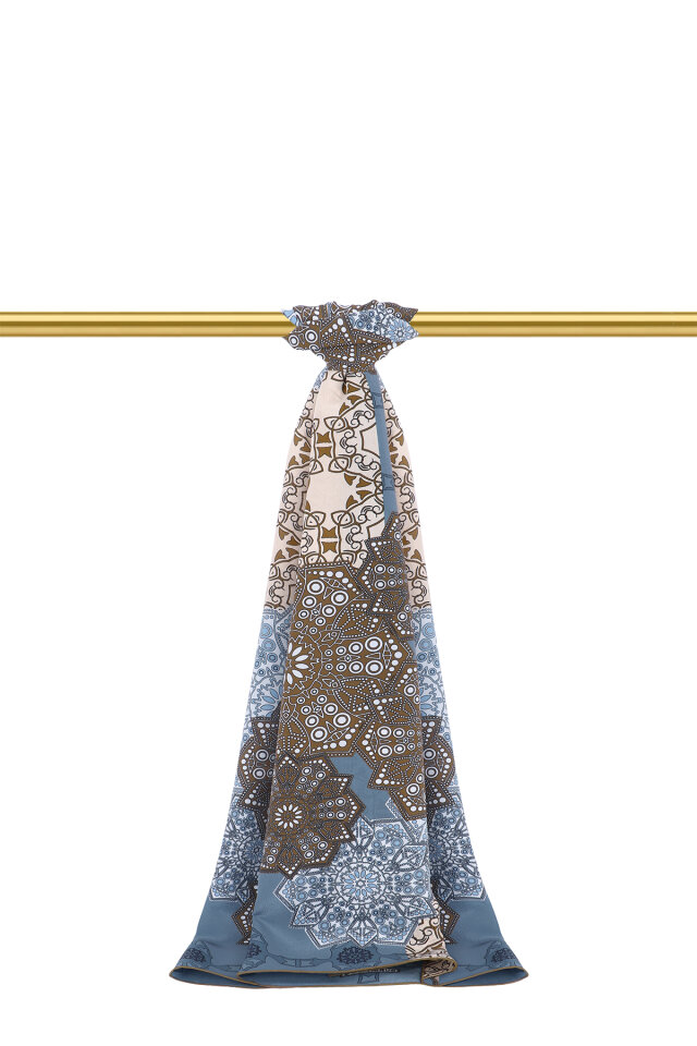 İndigo Müsenna Desen Krep İpek Şal - Bursa İpek