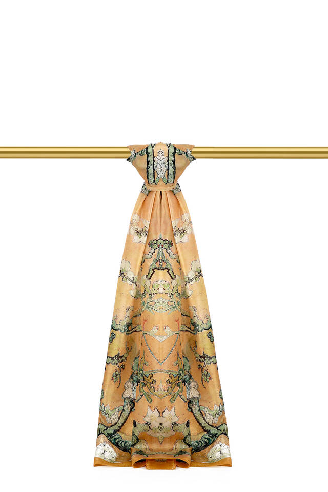 Mustard Almond Blossom Pattern Voile Silk Scarf - Bursa İpek