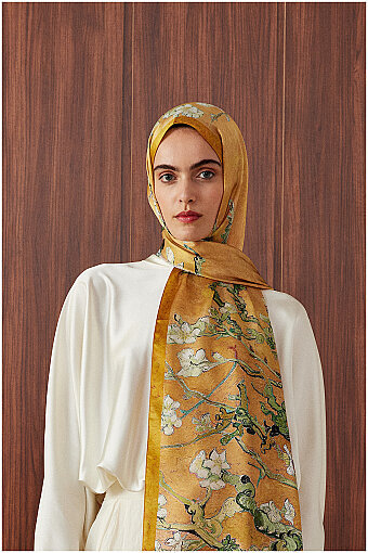 Mustard Almond Blossom Silk Scarf 