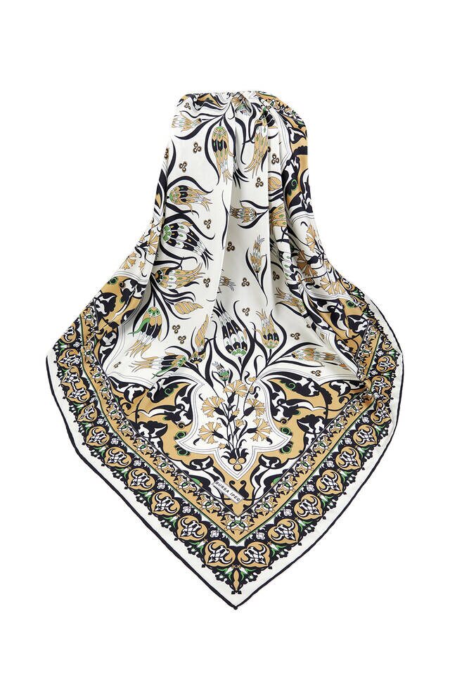 Mustard Black Turkish Pattern Cintemani Carnation Pattern Silky Square Scarf - 3
