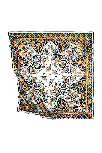 Mustard Black Turkish Pattern Cintemani Carnation Pattern Silky Square Scarf 