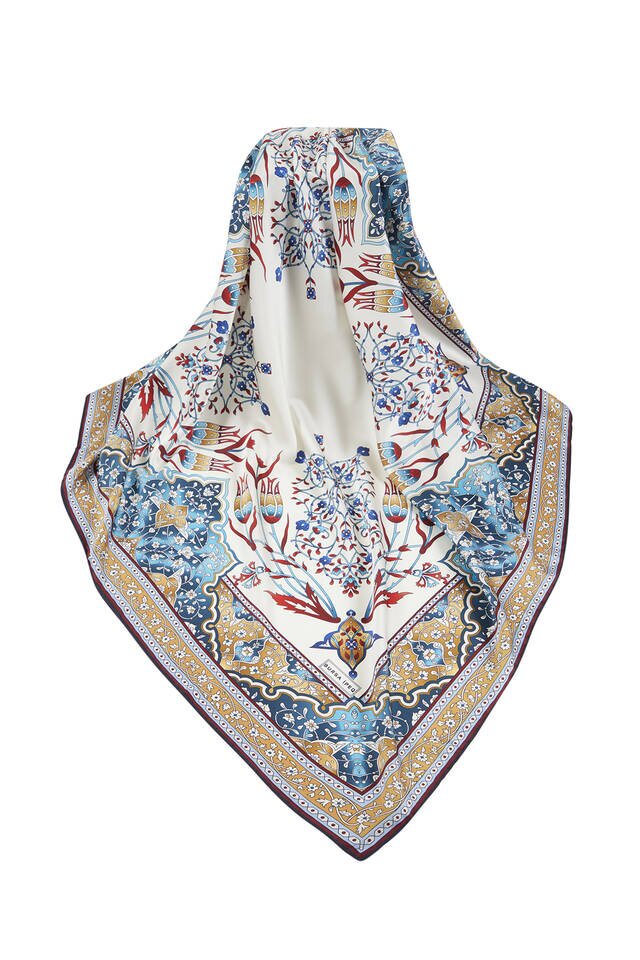 Mustard Claret Red Turkish Motif Candlestick Tulip Pattern Silky Square Scarf - 3