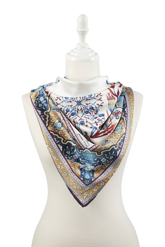 Mustard Claret Red Turkish Motif Candlestick Tulip Pattern Silky Square Scarf - 2