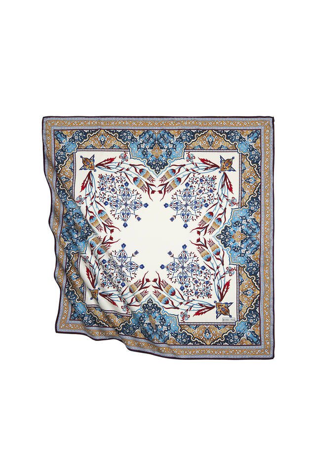 Mustard Claret Red Turkish Motif Candlestick Tulip Pattern Silky Square Scarf 