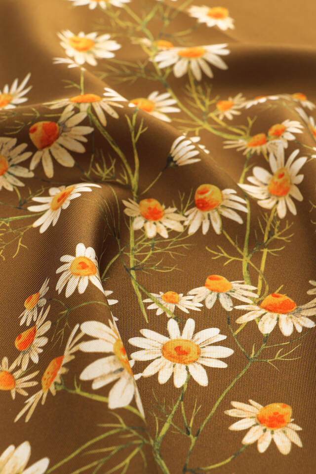 Mustard Daisy Pattern Twill Silk Square Scarf - 3