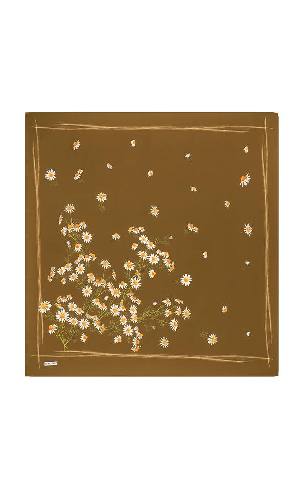 Mustard Daisy Pattern Twill Silk Square Scarf - 2