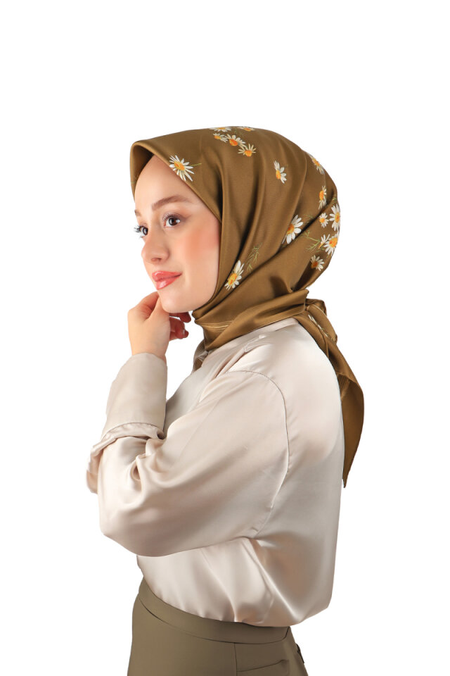 Mustard Daisy Pattern Twill Silk Square Scarf 