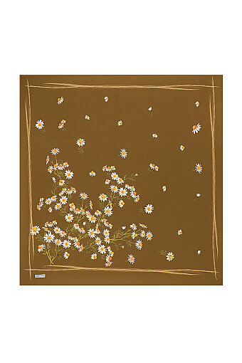Mustard Daisy Pattern Twill Silk Square Scarf 