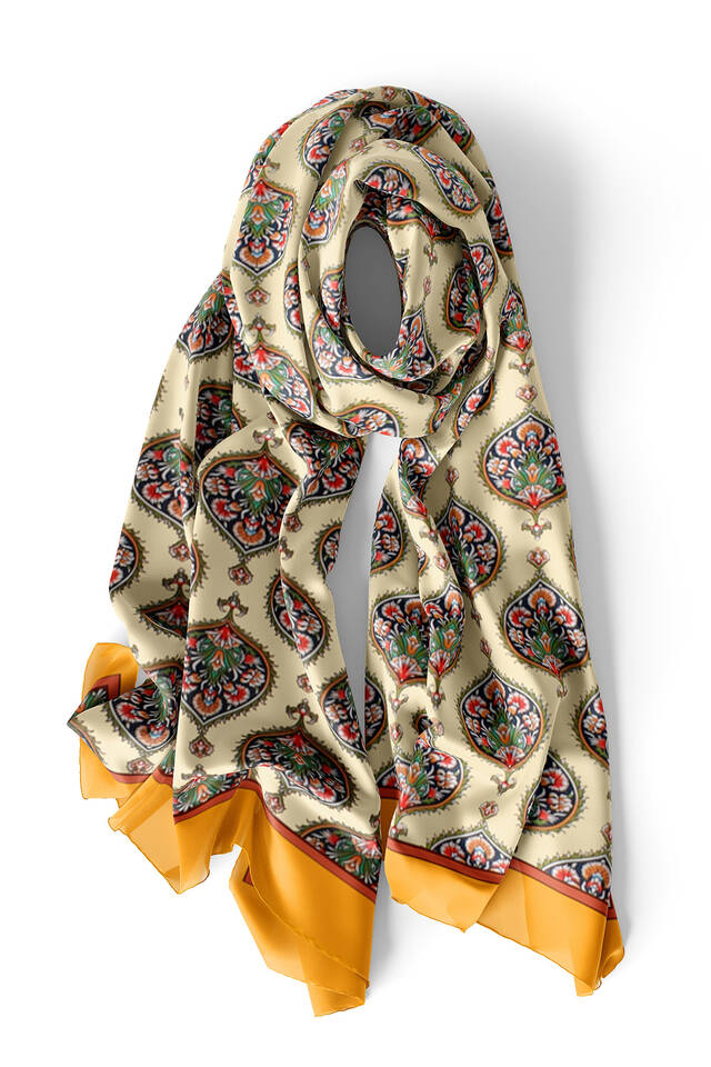 Mustard Hatai Pattern Narrow Silk Foulard - 4