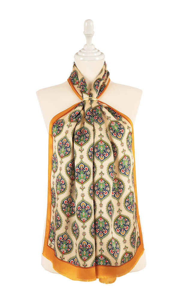 Mustard Hatai Pattern Narrow Silk Foulard - 2