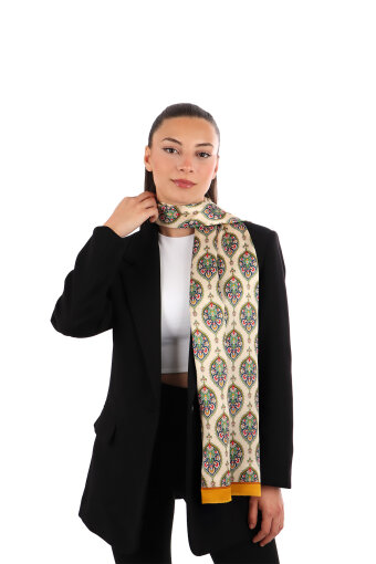 Mustard Hatai Pattern Narrow Silk Foulard 
