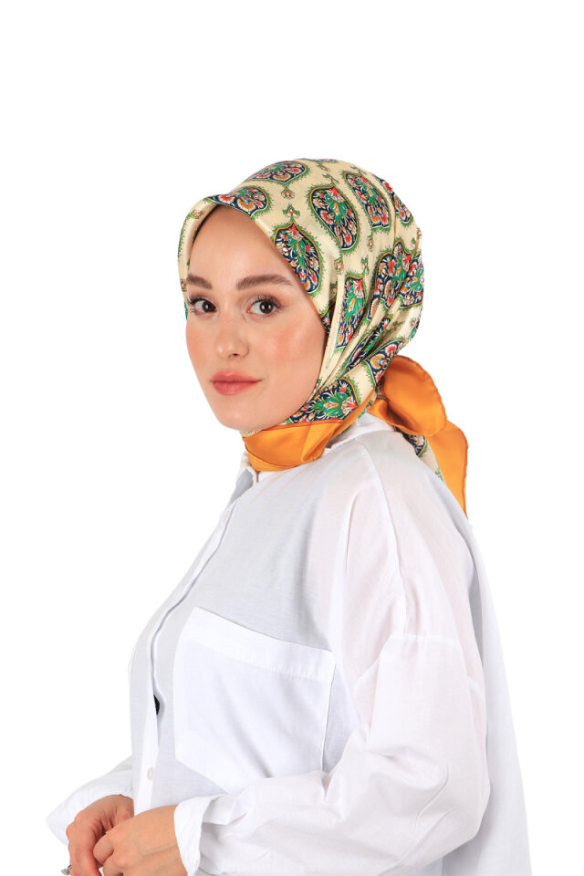 Mustard Hatai Pattern Silk Square Scarf 