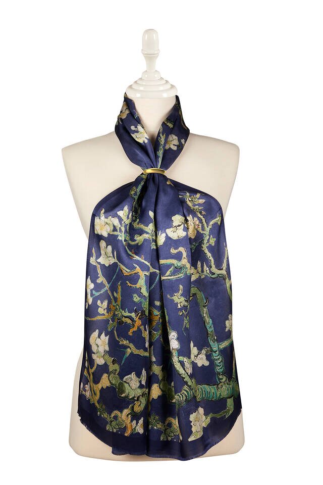 Navy Blue Almond Blossom Silk Foulard - Bursa İpek
