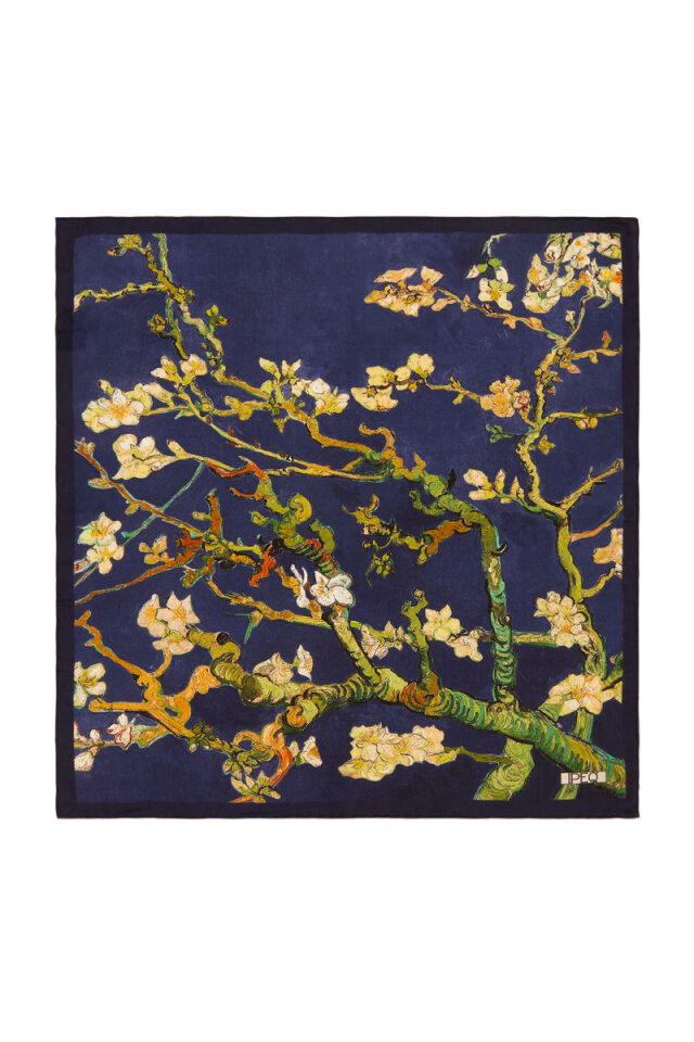 Navy Blue Almond Blossom Silk Pocket Square 