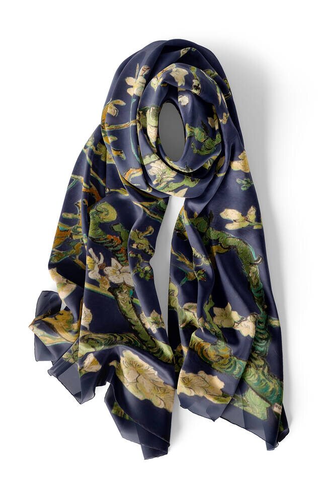 Navy Blue Almond Blossom Silk Scarf - 3